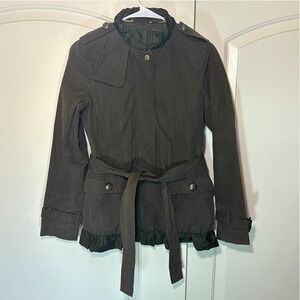 Banana Republic Utilitarian Military Green Trench Coat Womens XS‎ Ruffle Belted
